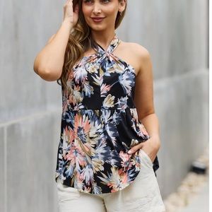 Be Stage Full Size Floral Halter Top in Black